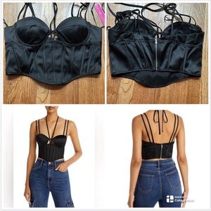 Aqua Black Satin Strappy Corset Zip Crop Top NWT XL